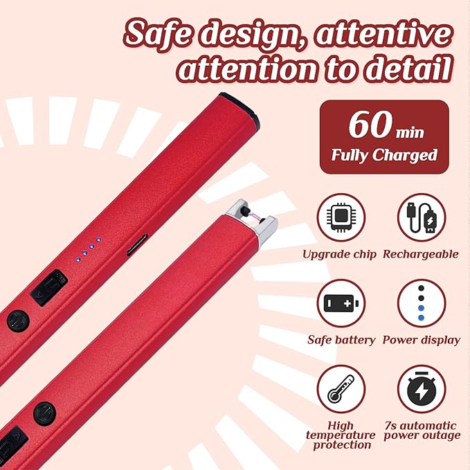 2 PCS Candle Lighter,Windproof Flameless Electric Lighter with LED Power Display & Safety Switch, Upgraded Plasma USB Rechargeable Lighter for Birthday Camping BBQ (Red)
