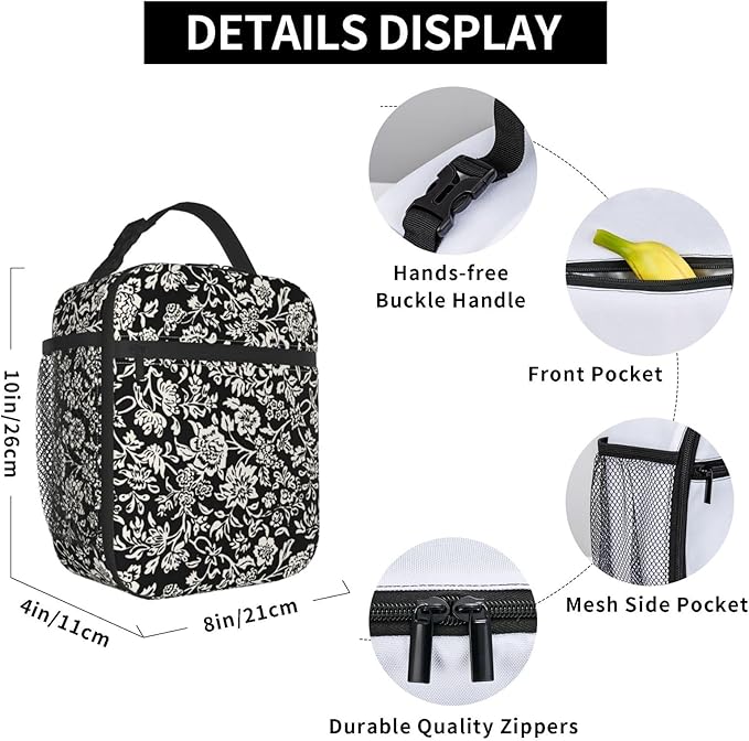 Modern Vintage Whimsical Floral Lunch Box for Women, Flower Tote Bag for Girls, Kids Lunch Bag Reusable Insulated Lunch Bag for School Work Picnic