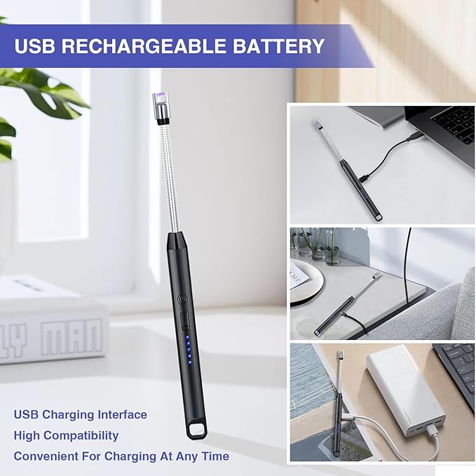 2 PCS Candle Lighter, Electric Lighter Arc Windproof Flameless with 360° Flexible Neck & LED Power Display,USB Rechargeable Lighter for BBQ, Grill, Camping, Fireplace, Stove