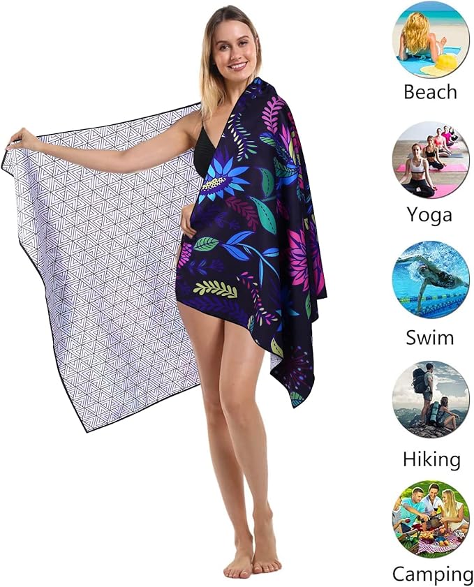 Microfiber Compact Sandproof Pool Beach Towel Blanket - Quick Fast Dry Sand Free Proof Outdoor Clearance Thin Camping Travel Swim Towels Personalized Girls Women Men Adult Friend Gift Boho Black White