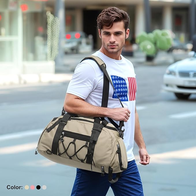 Unisex Travel Duffle Bag for Men Women, Waterproof Gym Bag with Shoe Compartment & Football Compartment, 32L Carry on Bag for Sports & Fitness, Khaki