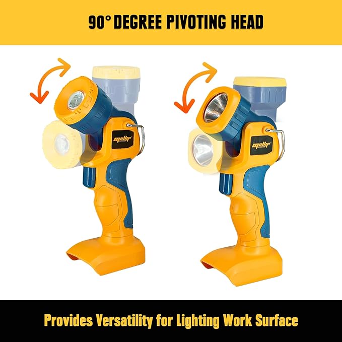 Mellif LED Work Light, Portable Flashlight for Dewalt 20V Max Battery (NOT Included), 90 Degree Pivoting Head, 110/280 Lumens of Brightness, Cordless, Zoomable, Jobsite (Yellow & Blue, L-Shape)