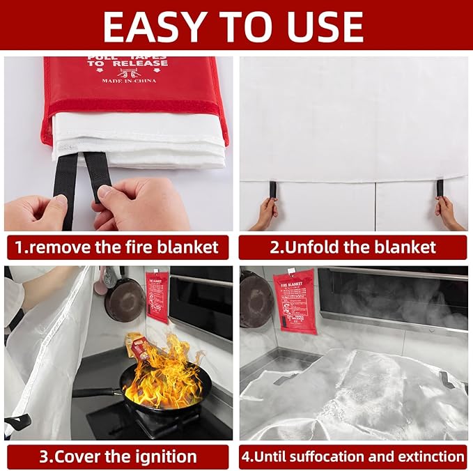 Emergency Fire Blanket 40" x 40" Fiberglass Fire Blanket Fire Suppression Blanket for Kitchen with Hooks Gloves Emergency Whistles Fireproof Blanket for Home Safety Camping (3)