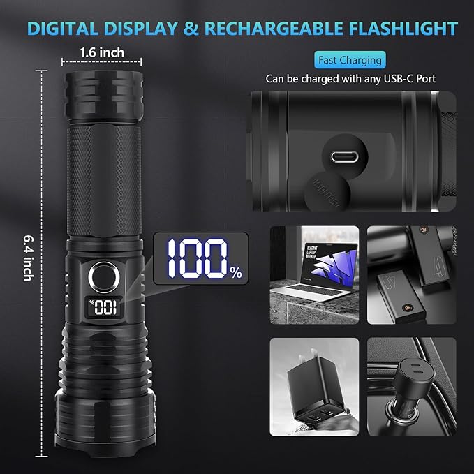 Rechargeable Led Flashlights High Lumens, 990000 Lumens Super Bright Powerful Flashlight, 5 Modes Flash Light, IPX6 Waterproof Tactical Flashlights for Home, Camping, Emergencies