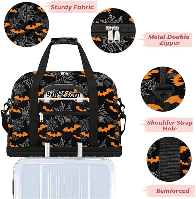 cfpolar Woman Travel Duffel Bag Halloween Bat Spider Web Foldable Tote Carry On Luggage Sports Gym Bag With Shoe Compartment Overnight Weekend Yoga Workout Bag Training Handbag