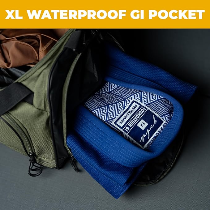 Gold BJJ Jiu Jitsu Duffle Bag - Waterproof Pocket for Sweaty Gi, Rashguard, or Shoes - The Perfect Duffel Bag for Martial Arts Gear, Boxing, MMA, and More
