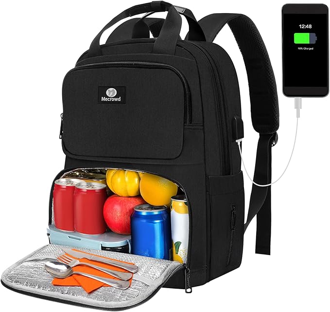 Lunch Backpack for Women Men, Insulated Cooler Lunch Box Backpack, 15.6-inch Laptop Backpacks with USB Port, Water Resistant Leak-proof Lunch Bag for College (Black)