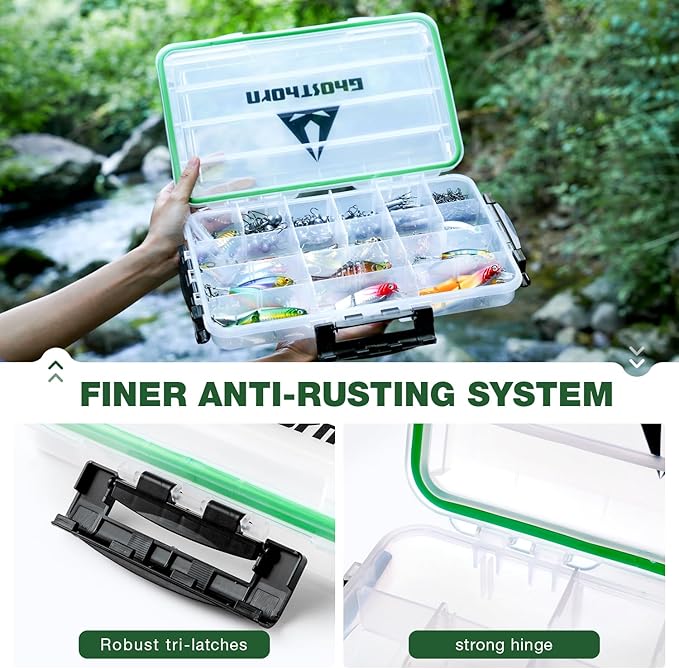 Ghosthorn Fishing Tackle Box, Waterproof 3600 and 3700 Tackle Trays, Plastic Tackle Box Organizer with Removable Dividers Storage Lure Box for Lures 1 and 4 Pack