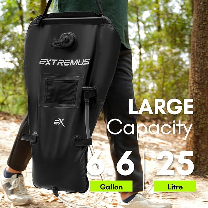 Extremus Camping Shower Bag, Camp Shower Bag, Durable, Leak-Proof Design with Thermometer, Removable Hose, and On-Off Switchable Shower Head, Portable Solar Shower for Camping