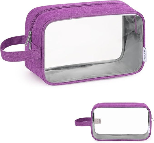 Narwey Clear Travel Toiletry Bags for Traveling Toiletries Men Women, Clear Makeup Bag Cosmetic Bag with Zipper, Make Up Pouch Organizer Bags with Handle, Skincare Bag (Purple)