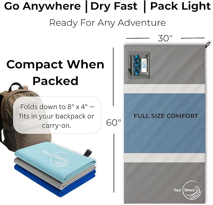 Go Anywhere Towel with Waterproof Phone Pouch - Quick Dry, Sand Free, Compact Beach Towel for Pool, Boat, Travel, Camping, Hiking & Outdoor Adventures (Gray)
