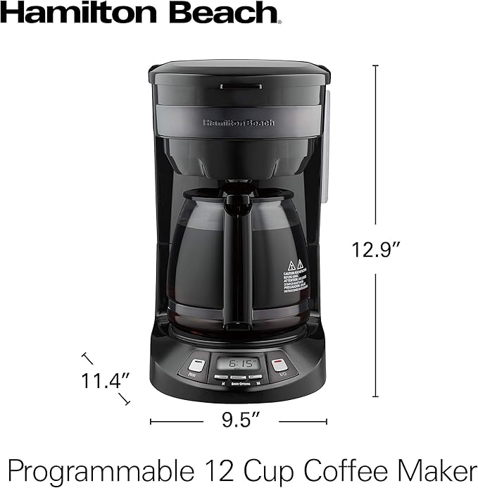 Hamilton Beach 12 Cup Programmable Drip Coffee Maker with 3 Brew Options, Glass Carafe, Auto Pause and Pour, Black Stainless (46293)