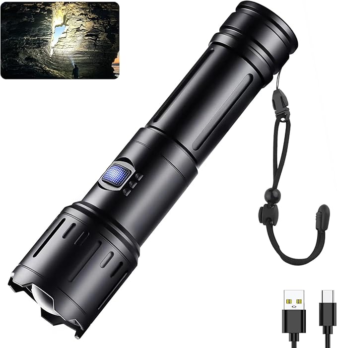 Flashlights High Lumens, 3500 Lumen Rechargeable flashlights, Flash Light with Five Modes, Super Bright Flashlight, Zoomable for Outdoors