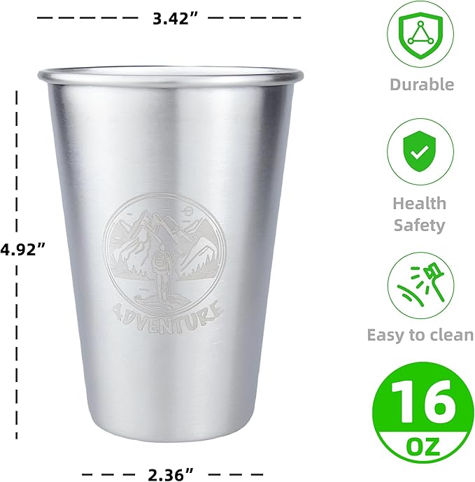 Camping Cup 16oz (4 Pack) Camping Gift for Him Father Stackable Metal Mug Pint Cup 18/8 Stainless Steel Cup for Outdoor Picnic Hiking Fishing Surfing Party Drinking Glasses (4 silver)