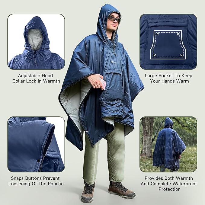Sleeping Bag for Adult, Wearable Blanket Insulated Poncho Hooded, Sleepingbag Quilt for Winter Camping Hiking Sports