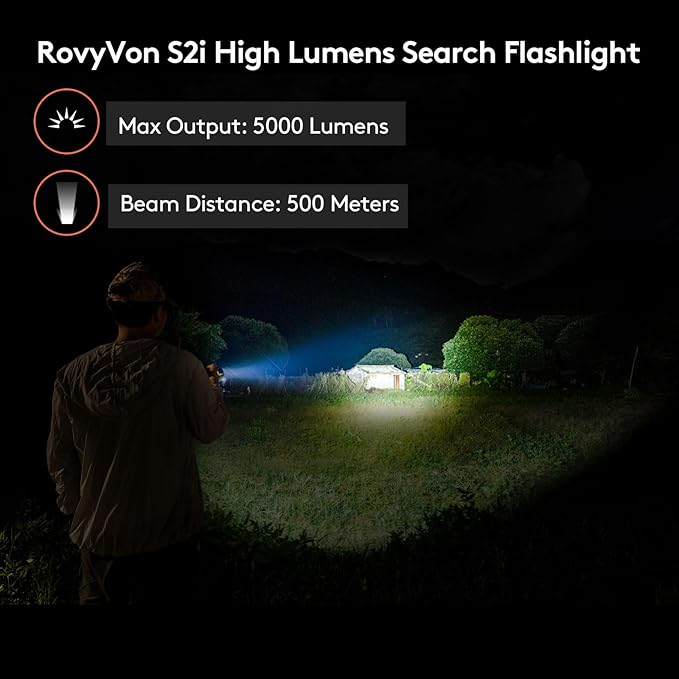 RovyVon S2i Rechargeable Flashlight, 5000 Lumens Super Bright LED Flashlight, 500 Meters Long Throw Search Flashlight with Digital Power Display, for Outdoors, Searching, Camping