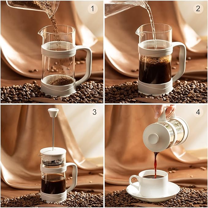 PARACITY French Press Coffee/Tea Maker, Camping Mini Coffee/Tea Press of 304 Stainless Steel Filter and Heat Resistant Glass, Cold Brew Coffee Maker 11.8OZ for Travel& Home Gift(White)