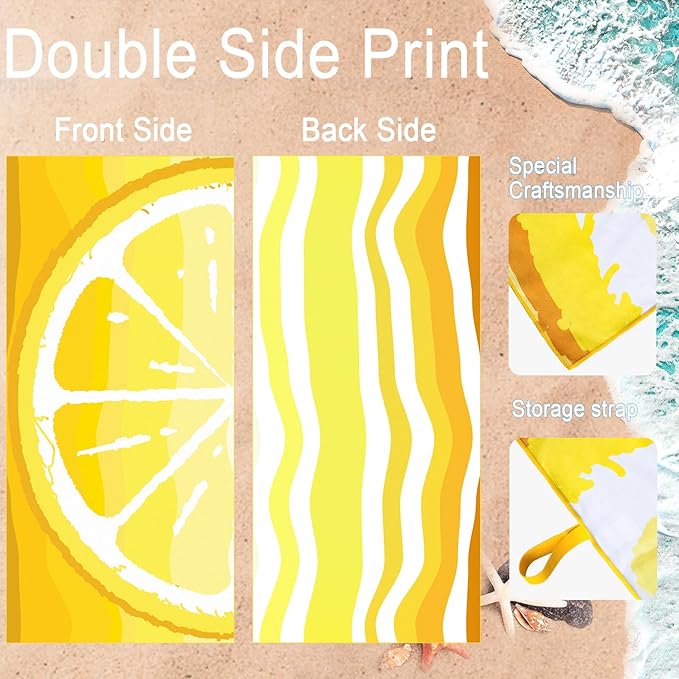 Bnuitland Lemon Pattern Beach Towel (35X75 inches), Oversized Quick Drying Absorbent Sand Free, Cute Towels for Travel Swimming Pool Picnic, 88% Polyester and 12% Polyamide,Yellow