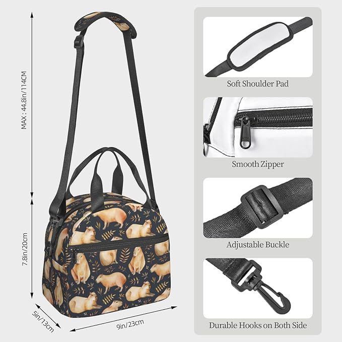 bassyil Capybaras Lunch Box Reusable Insulated Totes Lunch Bag Thermal Cooler Adjustable Shoulder Strap Bag for Men Women