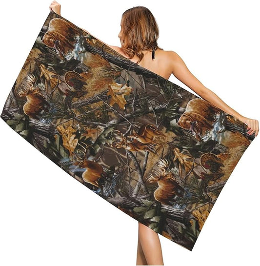 Camo Beach Towel Hunting Deer Bear, Aldult Quick Dry Camping Bath Towel, Absorbent Thin Lightweight Beach Blanket for Sports Travel Pool Swimming Bathroom 30 x 60 in