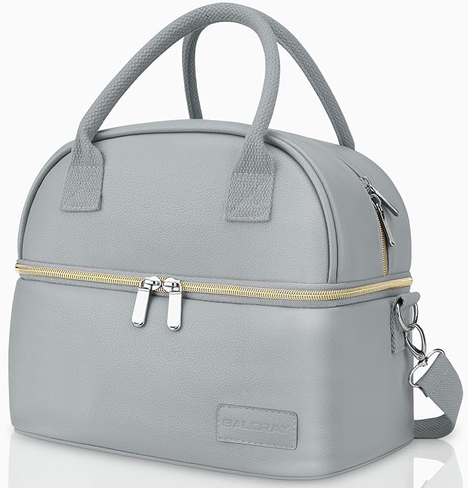 BALORAY Lunch Bag for Women Men, Double Deck Lunch Box for Adults Teens, PU Leather Lunch Tote Bag Insulated Lunch Bags with Strap for Work Office School