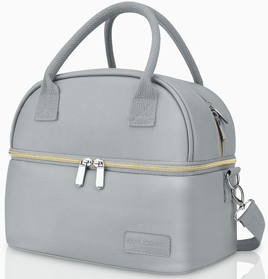 BALORAY Lunch Bag for Women Men, Double Deck Lunch Box for Adults Teens, PU Leather Lunch Tote Bag Insulated Lunch Bags with Strap for Work Office School