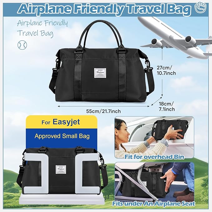 Small Black Gym Bag for Women, Stylish Duffle Travel Bag for Plane, Lightweight Duffle Bag for Women & Men, Sport Gym Tote Bag with Wet Pocket for Yoga, Pilates, Swimming