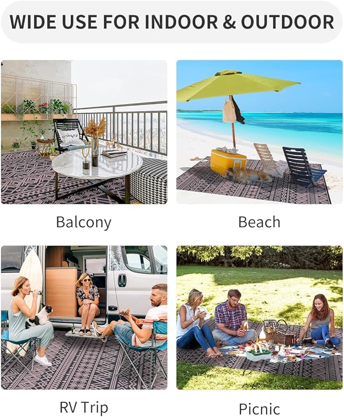 MontVoo Outdoor Rug Carpet Waterproof 5x8 Outdoor Patio Rug Mat Reverisble Plastic Straw Outdoor Rug for RV Camping Picnic Beach Balcony Boho Pink Grey