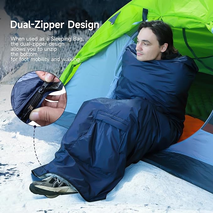 Sleeping Bag for Adult, Wearable Blanket Insulated Poncho Hooded, Sleepingbag Quilt for Winter Camping Hiking Sports