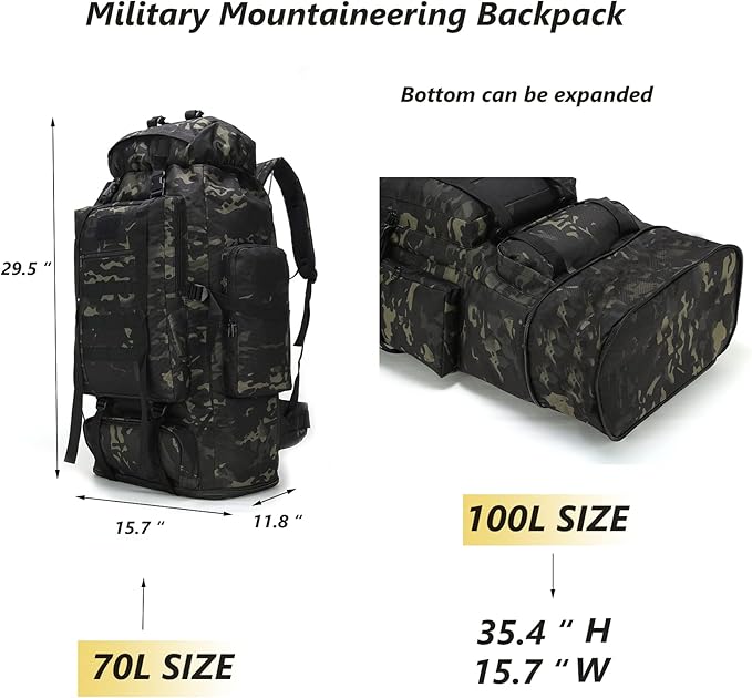 100L Hiking Camping Backpack Tactical Backpack for Men Large Survival Hunting Waterproof Backpack Molle Rucksack Military Camping Backpacking Daypack