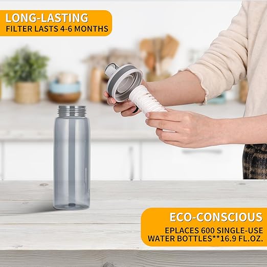 Filtered Water Bottle,Camping Water Purifier Bottle,Portable Press Water Bottle with Filter for Hiking,Travel,Survival,Backpacking, Drinking, Emergency-Gray