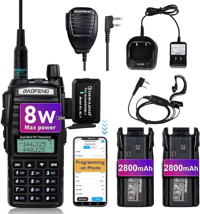 Baofeng UV-82 Baofeng Radio High Power Ham Radio Handheld with Wireless Programmer,Walkie Talkies with Earpiece, Extra 2800mAh Battery Hand Speaker Mic, Long Range Two-way Radio (1 Pack-Full Kits)