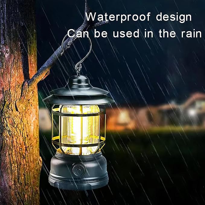 Camping Light, Waterproof Tent Light with Two Lighting Modes, Ambient Light, Ultra Long Lasting Vintage Hand Lamp, Upgraded Flickering Flame, Adjustable Brightness, Large, Black