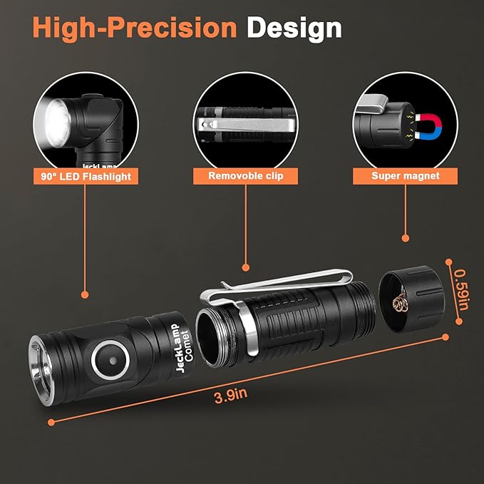 90 Degree EDC Flashlight, 1200 High Lumens Magnetic Flashlight with Clip, 6 Modes Rechargeable Led Headlamp, Pocket Tactical Flashlight for Working, Camping(Battery Included)
