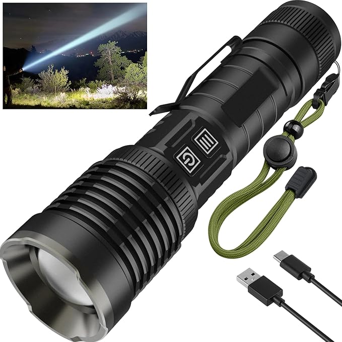 Rechargeable Flashlights High Lumens, 200000 Lumens Flashlights with Clip, Dual Switch IP67 Waterproof Super Bright LED Tactical Flashlight, USB Recharging LED Flashlights for Camping Home
