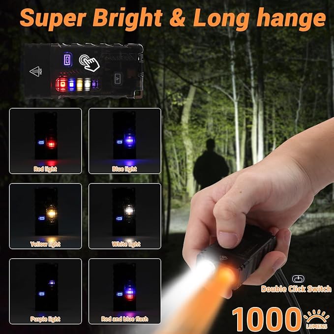 LED Small Powerful EDC Flashlight with 365nm UV Light,13 Mode,USB C Rechargeable 1000 LM Mini Pocket Keychain Flash Light with Clip,IP67,Magnetic,Lanyard,Buzzer,Arc Lighter for Camping Hiking Gear