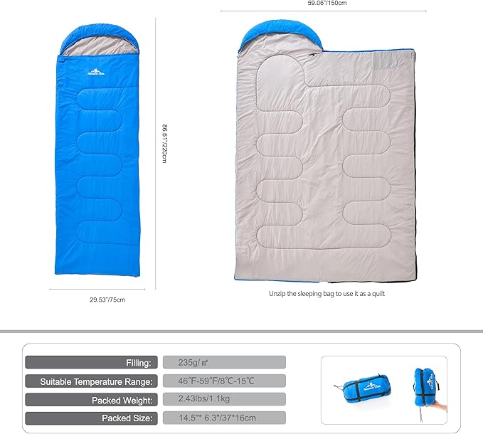 Lightweight Sleeping Bag 2.43lbs, Backpacking Sleeping Bag 46℉-59℉, Nylon Shell and Lining, Waterproof, Compact, Ultralight Sleeping Bag for Backpacking Camping Hiking