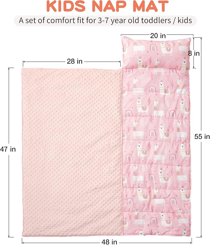 Bunnikins & Clover Toddler Nap Mat with Removable Pillow, Nap Mats for Preschool, Easy Clean Toddler Nap Pad for Kindergarten, Kids Sleeping Bag for Travel Camping