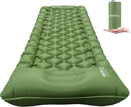 Single Sleeping Pad for Camping, Ultralight Inflatable Sleeping Mat with Pillow and Built-in Foot Pump, Portable Camping Mattress for Tent, Backpacking, Hiking, Traveling(Green)