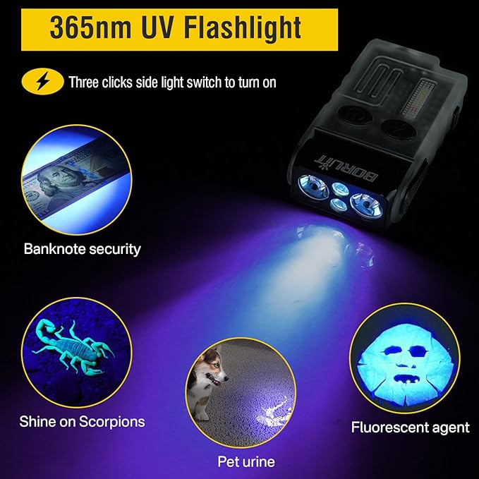 BORUIT V20 Small Powerful Flashlight with 365nm UV, Red Warm Green Blue Light, 1000 Lumen, 110dB Buzzer 180°Swivel - Mini Rechargeable LED Pocket Keychain Flashlights EDC Clip Flash Light White