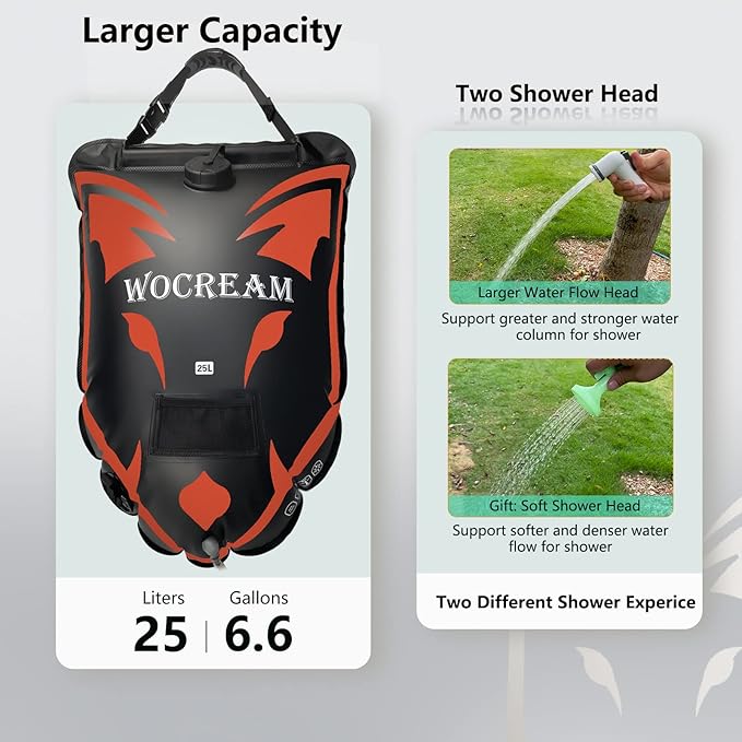Camping Portable Solar Shower Bag, 25L, with On/Off Shower Head, for Camping, Beach Swimming, Outdoor Traveling, Camping Accessories