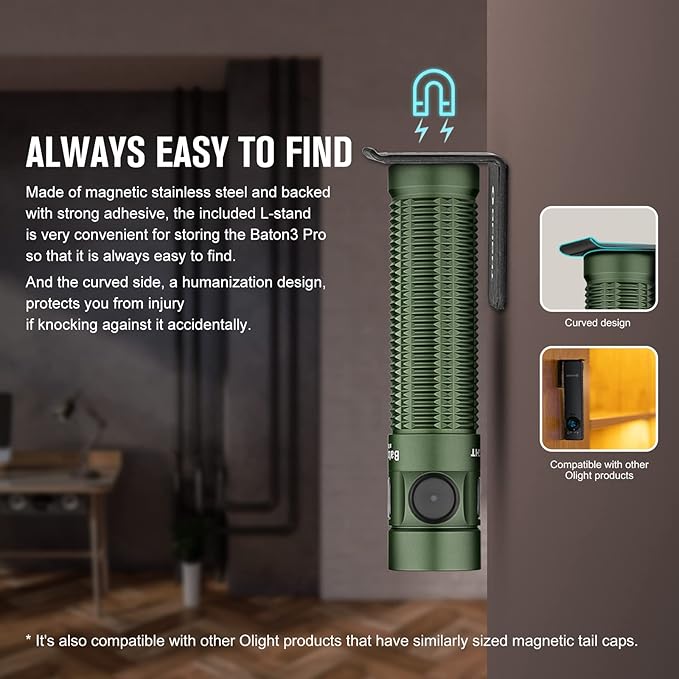 OLIGHT Baton3 Pro Rechargeable Flashlights, 1500 Lumens EDC Flashlight with MCC3, Compact Pocket Flashlight with L-Shape Stand and High-Performance LED for Camping and Emergency (OD Green Cool White)