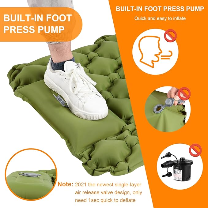 Sleeping Pad Ultralight Inflatable Sleeping Pad for Camping, 80''X25'', Built-in Pump, Ultimate for Camping, Hiking - Airpad, Carry Bag, Repair Kit - Compact & Lightweight Air Mattress(Green)