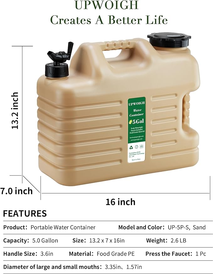 5 Gallon Water Jug and 2.6Gal Collapsible Water Bag Set of 2,BPA Free Thickened Water Storage Overlanding Gear Containers,Camping Essential Leak-Proof Warm Sand Portable Water Tank for Outdoors Hiking