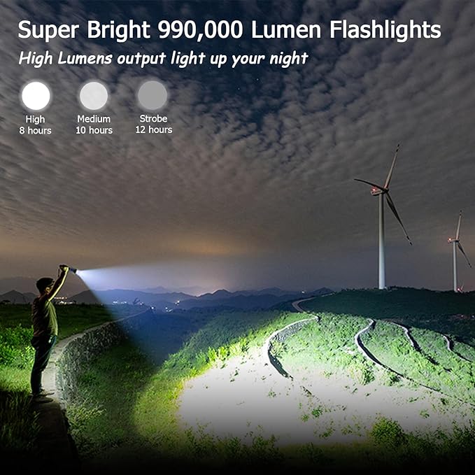 Rechargeable LED Flashlight 990,000 High Lumens, Super Bright Powerful Handheld Flash Lights, Large Tactical Flashlight Outdoor with 5 Modes
