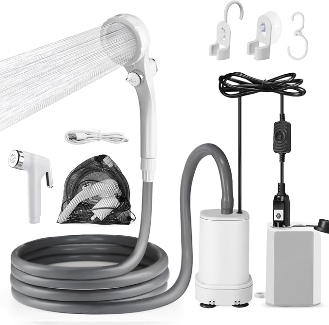 AUTOPkio Portable Shower for Camping, 2-in-1 Camp Shower Pump with Rechargeable Battery, Portable Outdoor Shower for Beach Hiking Outdoor, Pet Cleaning