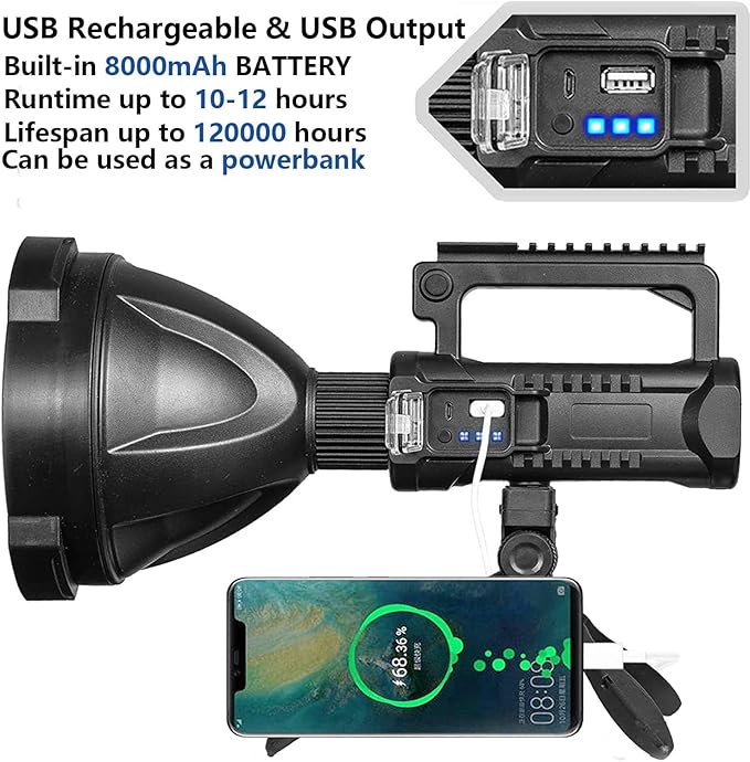Rechargeable Spotlight Outdoor, 990000 Lumens Super Bright Led Spot lights Flashlight with 4 Modes & Foldable Tripod, 8000 ɱAh Large Handheld Searchlight Long Lasting for Camping Hunting Boating