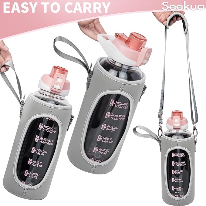 48 oz Large Sports Glass Water Bottle with Straw & Time Marker, Motivational Daily Glass Drinking Bottle with Strap for Fruit Infused Water, Smoothie, Coffee