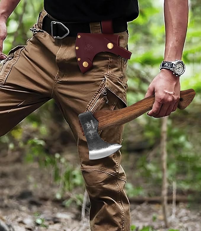 12.2 in Hatchet Axe, Bushcraft Hatchet, 1065 High Manganese Steel and Beech Wood Handle with Leather Sheath Small Camping Hatchet for Carving Bushcraft Outdoor