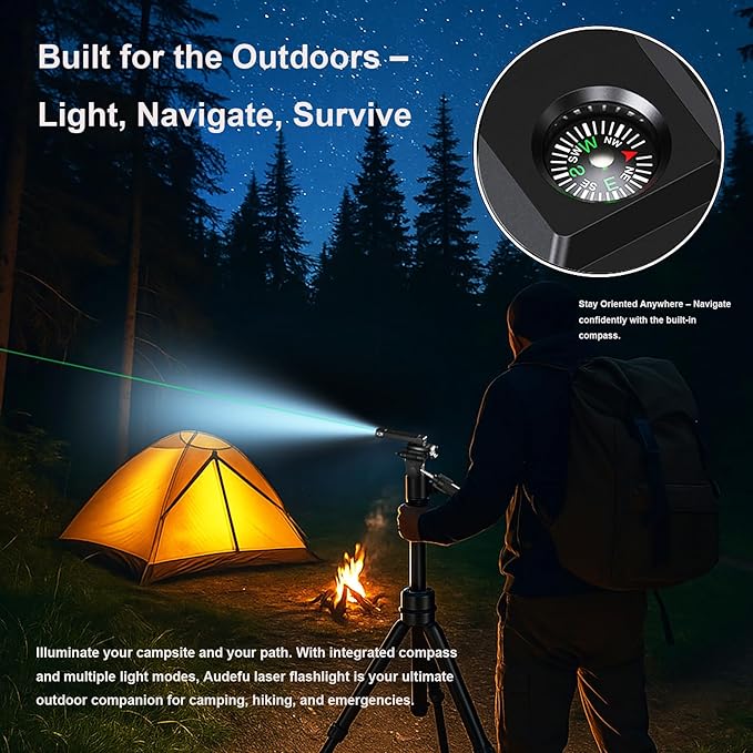 Work Flashlight with Laser Pointer & LED, 1200 Lumens, 5 Modes, Compass, 1/4" Tripod Mount, Cold Shoe, flishlight Pocket Clip – Rechargeable Survival Light for Camping, Hiking, Emergency